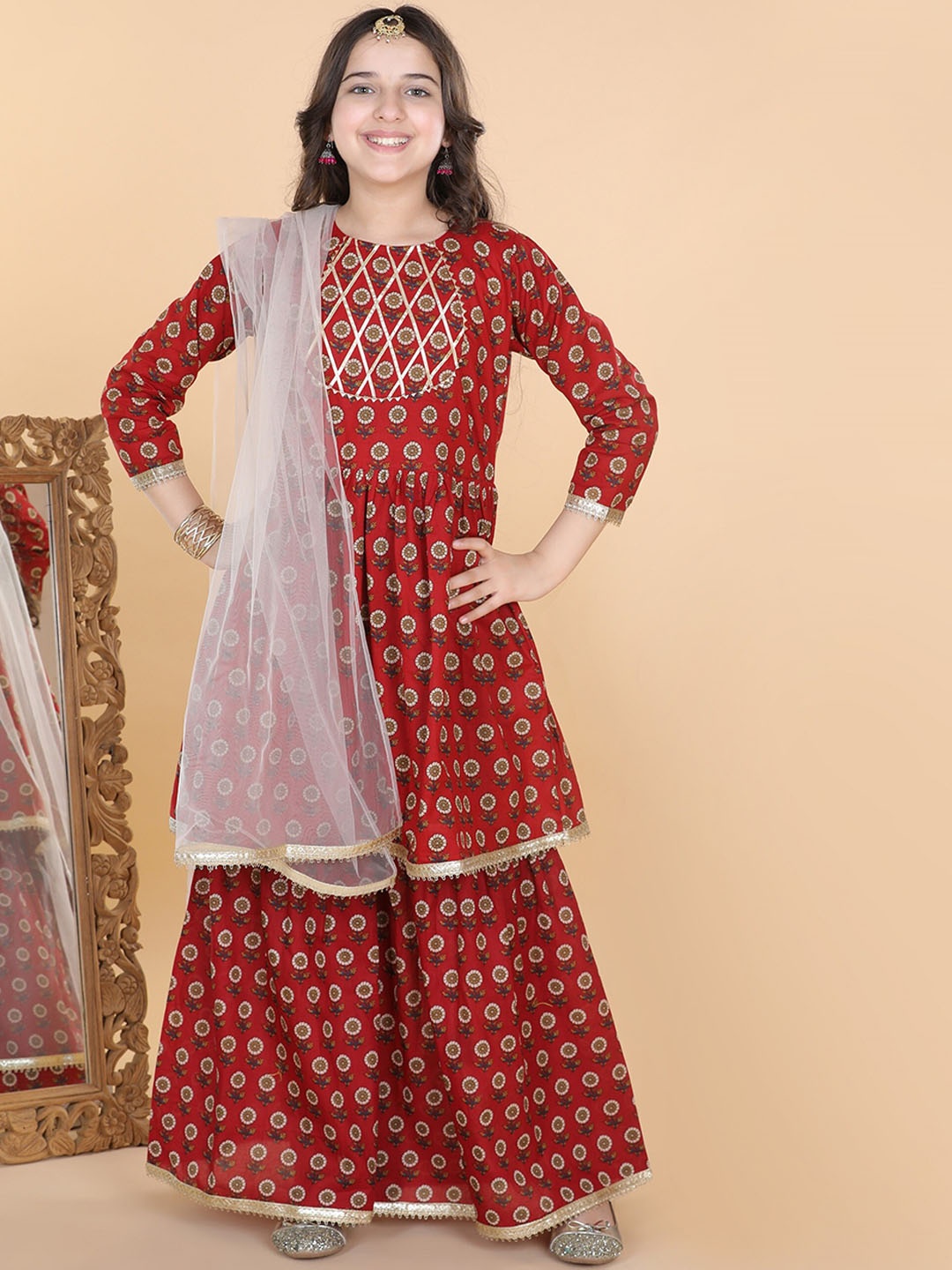 

Aj DEZInES Girls Printed Anarkali Gotta Patti Pure Cotton Kurta with Sharara & Dupatta, Maroon