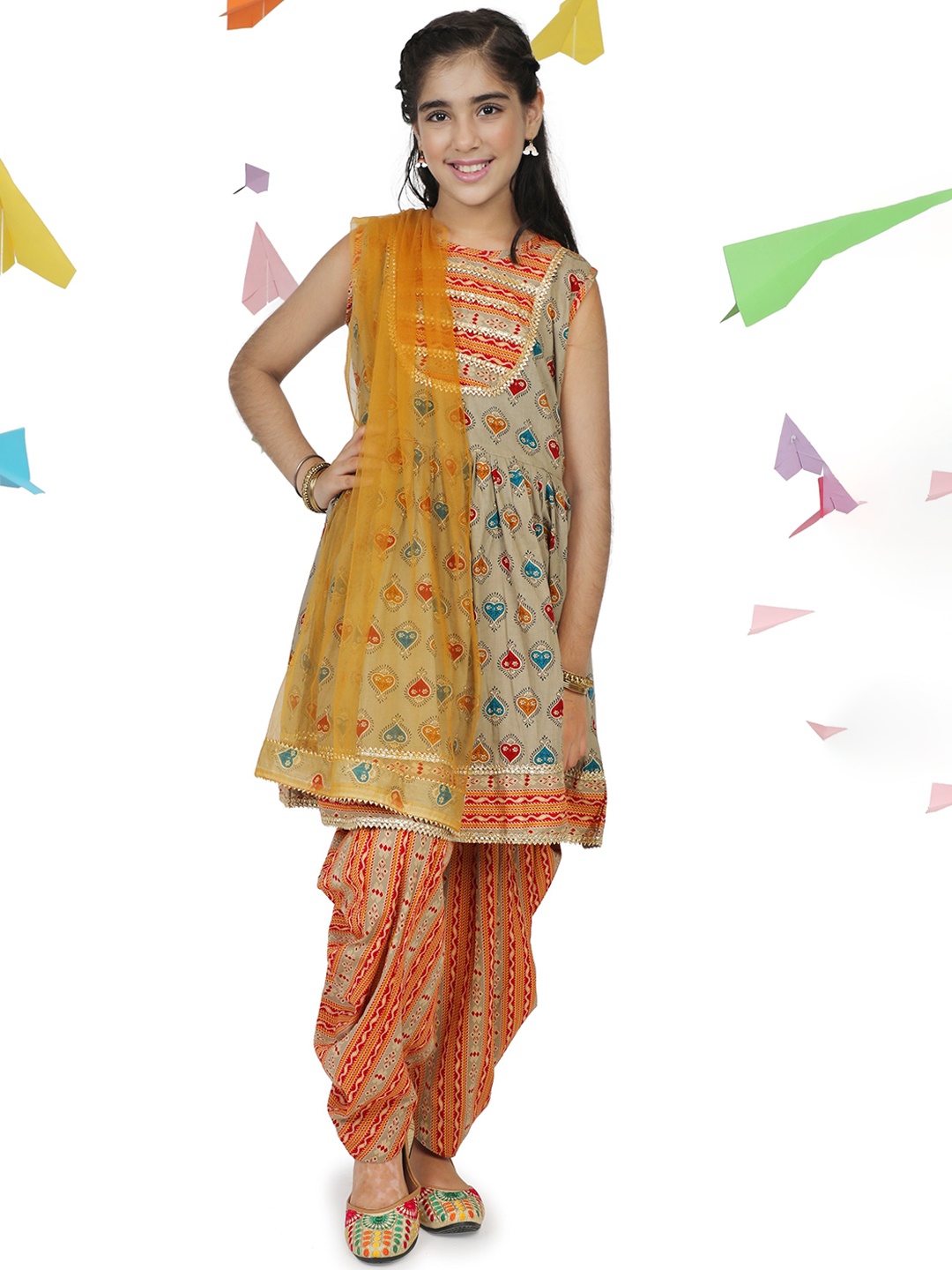 

Aj DEZInES Girls Printed Gotta Patti Pure Cotton Kurta with Patiala & Dupatta, Taupe