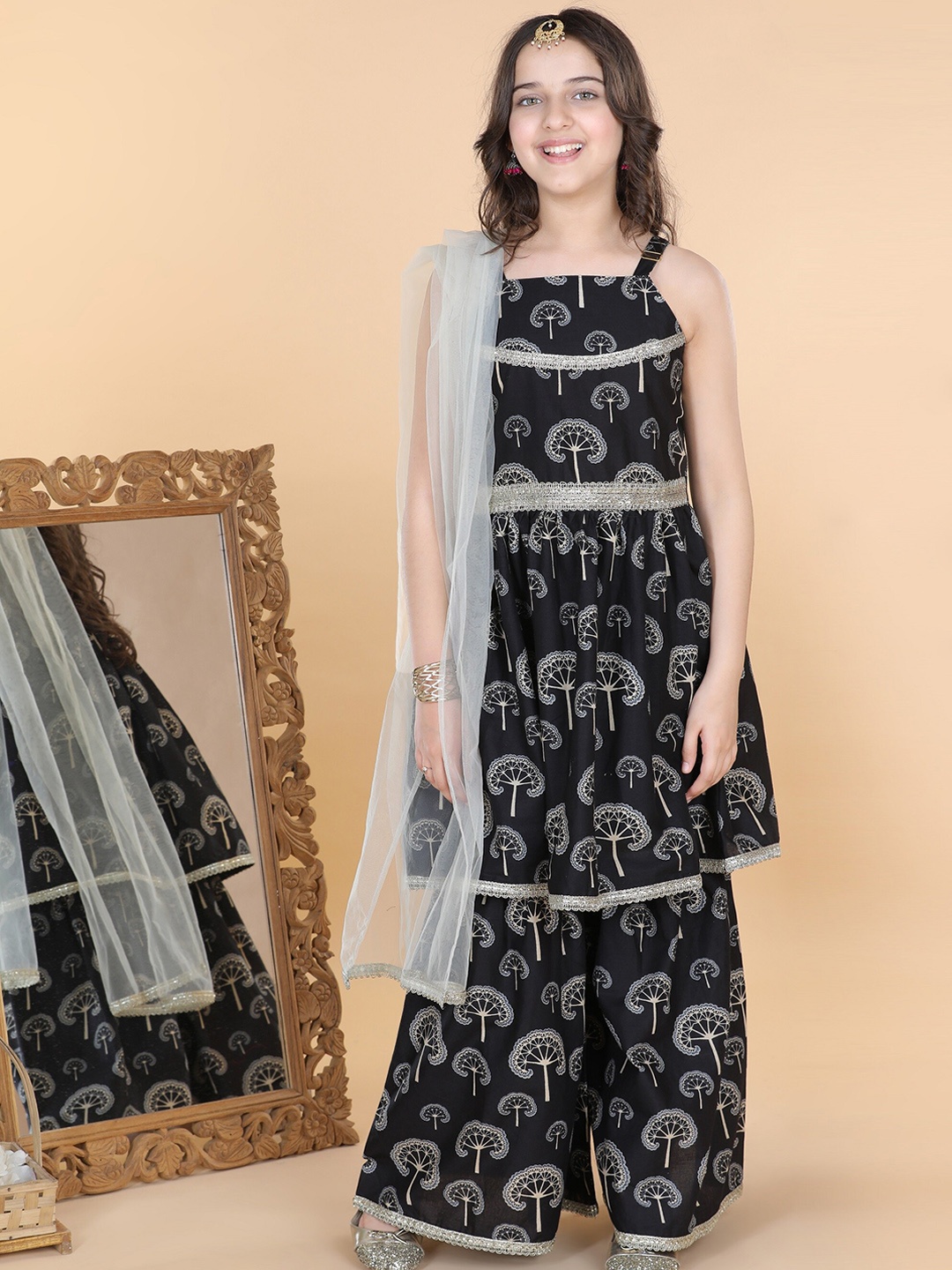 

Aj DEZInES Girls Floral Printed Anarkali Pure Cotton Kurta with Sharara & Dupatta, Black