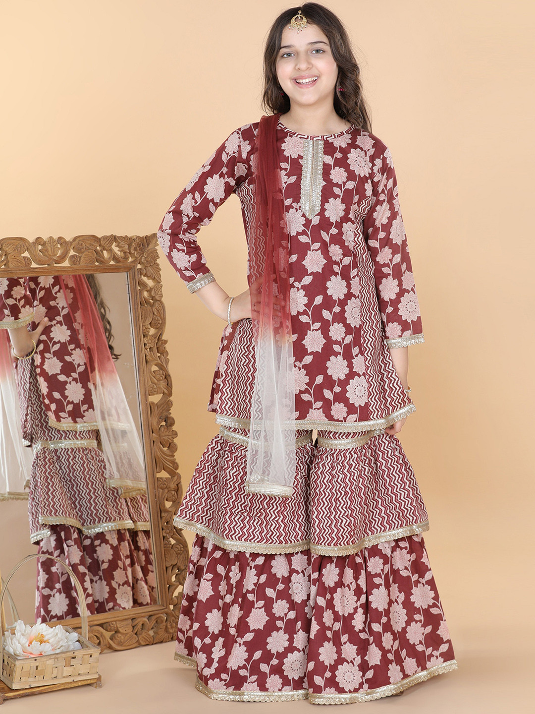 

Aj DEZInES Girls Floral Printed Gotta Patti Pure Cotton Kurta with Sharara & Dupatta, Maroon