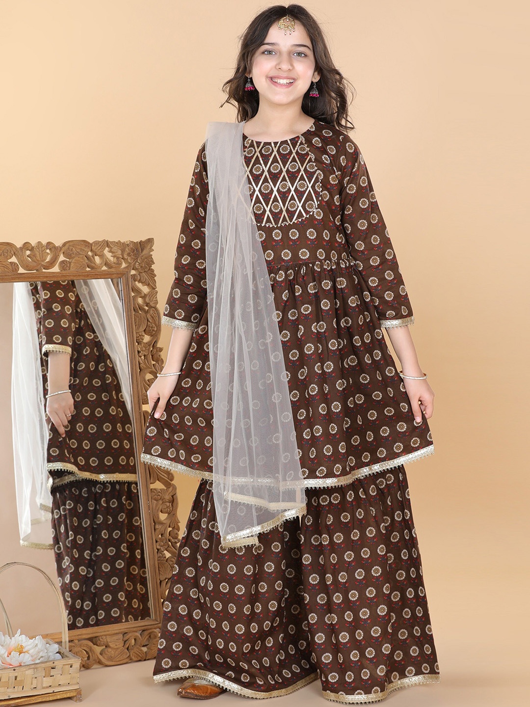 

Aj DEZInES Girls Floral Printed Pure Cotton Kurta With Sharara & Dupatta, Brown