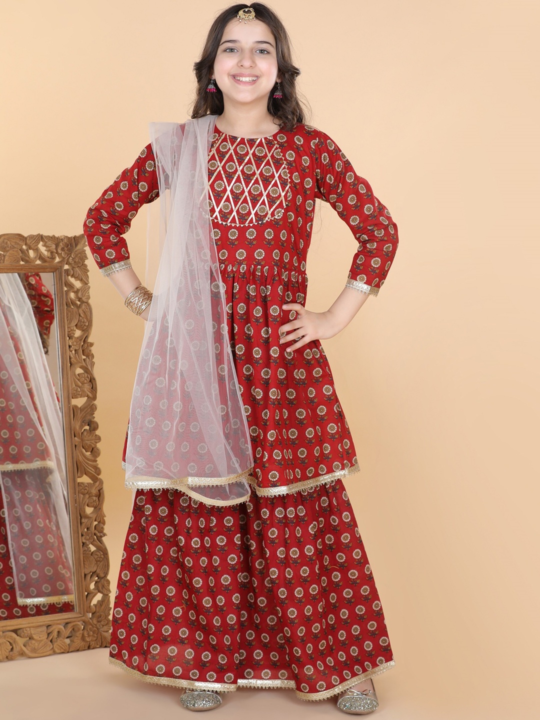 

Aj DEZInES Teen Girls Floral Printed Pure Cotton Gotta Patti Kurta & Sharara With Dupatta, Maroon