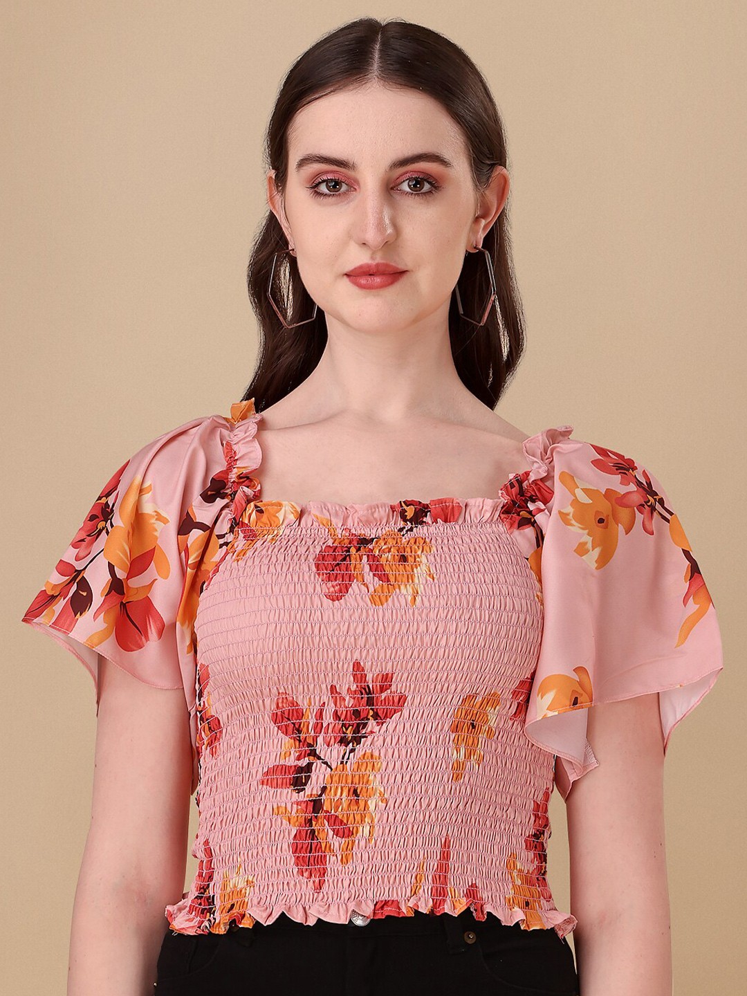 

eshami Floral Printed Georgette Flared Sleeves Fitted Crop Top, Peach