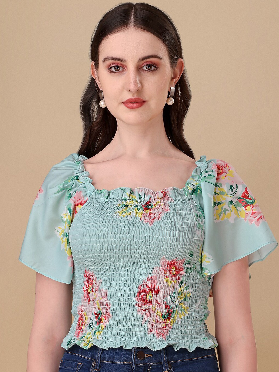 

eshami Floral Printed Georgette Crop Top, Sea green