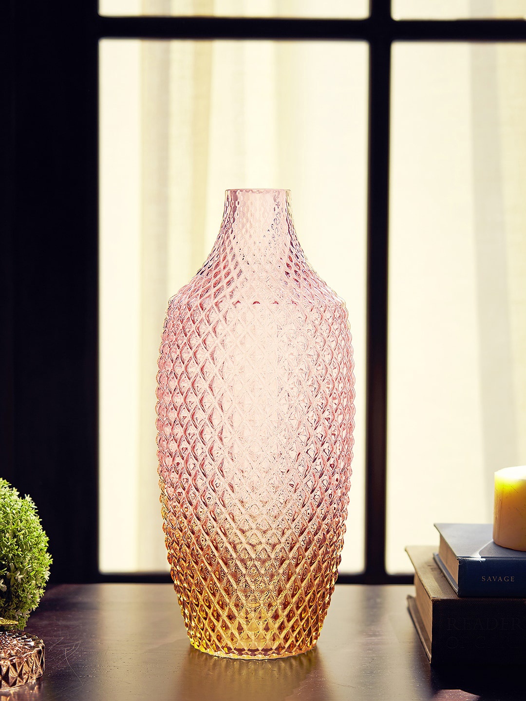 

Pure Home and Living Pink & Brown Ombre Diamond Cut Glass Vase