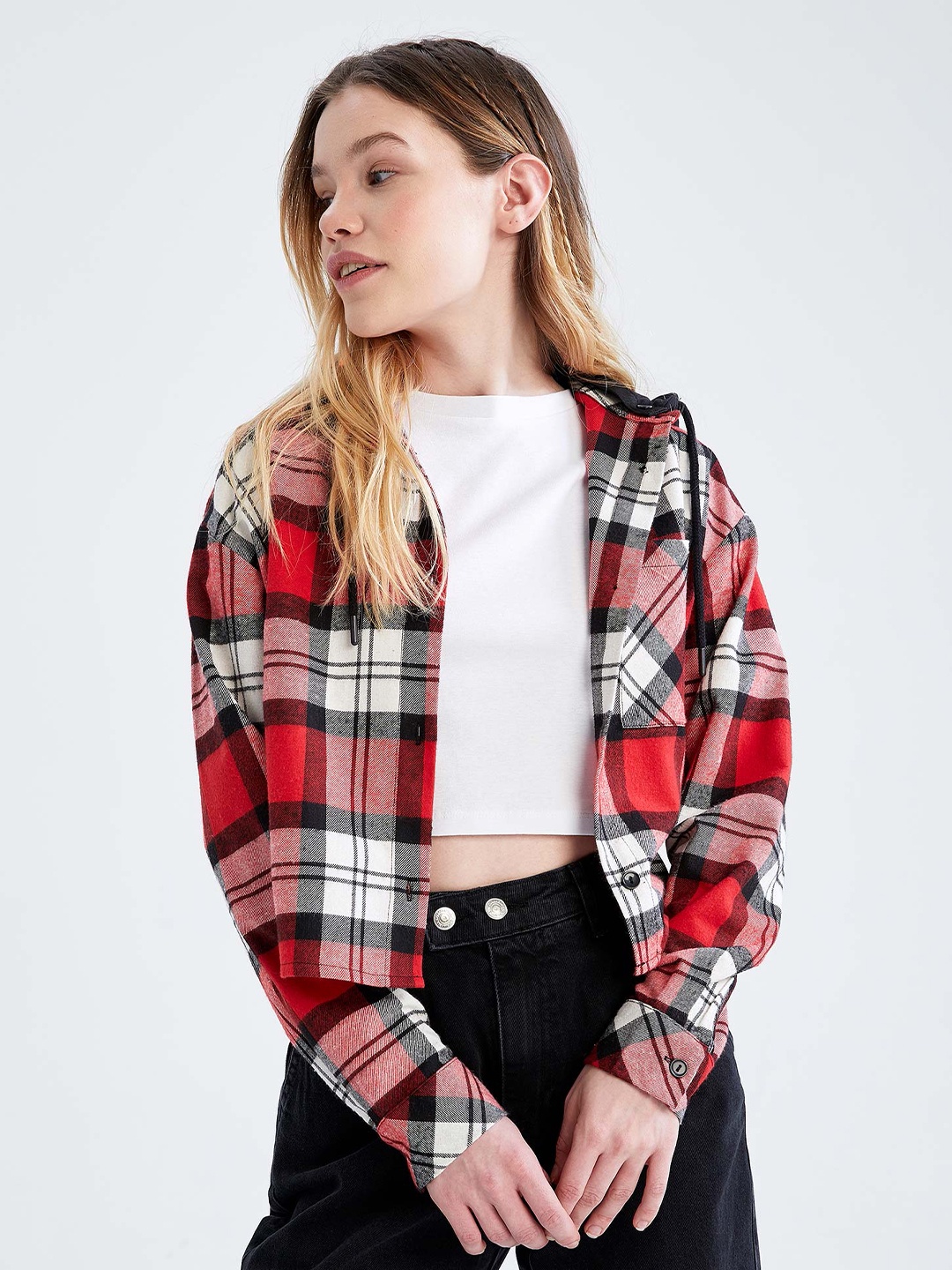 

DeFacto Women Tartan Checked Casual Shirt, Red