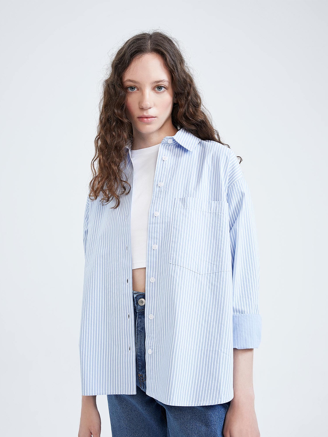 

DeFacto Women Striped Pure Cotton Casual Shirt, Blue