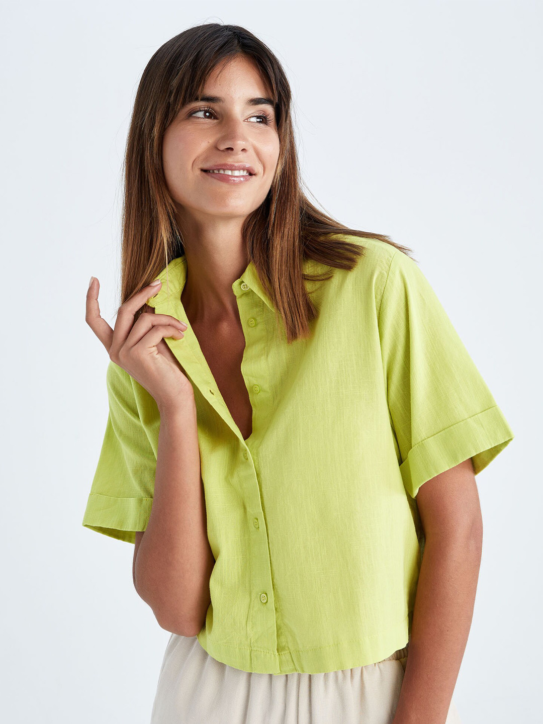 

DeFacto Women Boxy Pure Cotton Shirt, Lime green