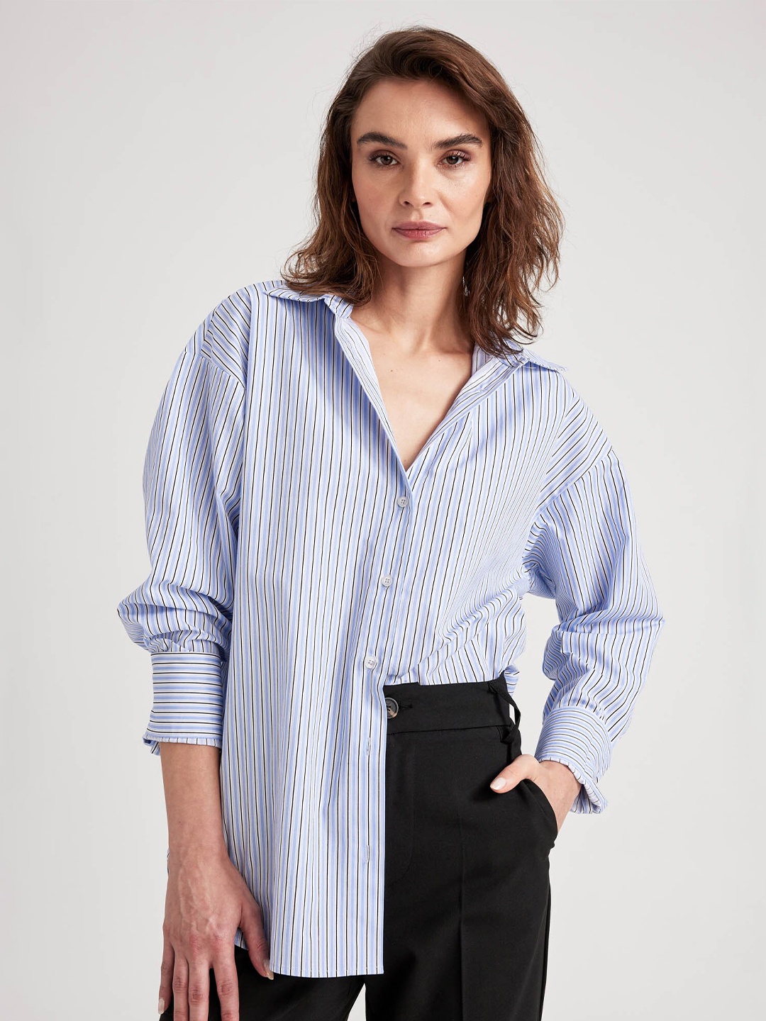

DeFacto Women Vertical Striped Spread Collar Pure Cotton Casual Shirt, Blue