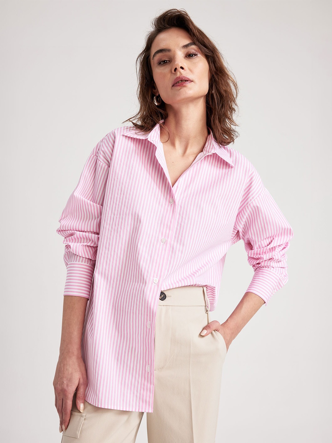 

DeFacto Women Striped Pure Cotton Casual Shirt, Pink