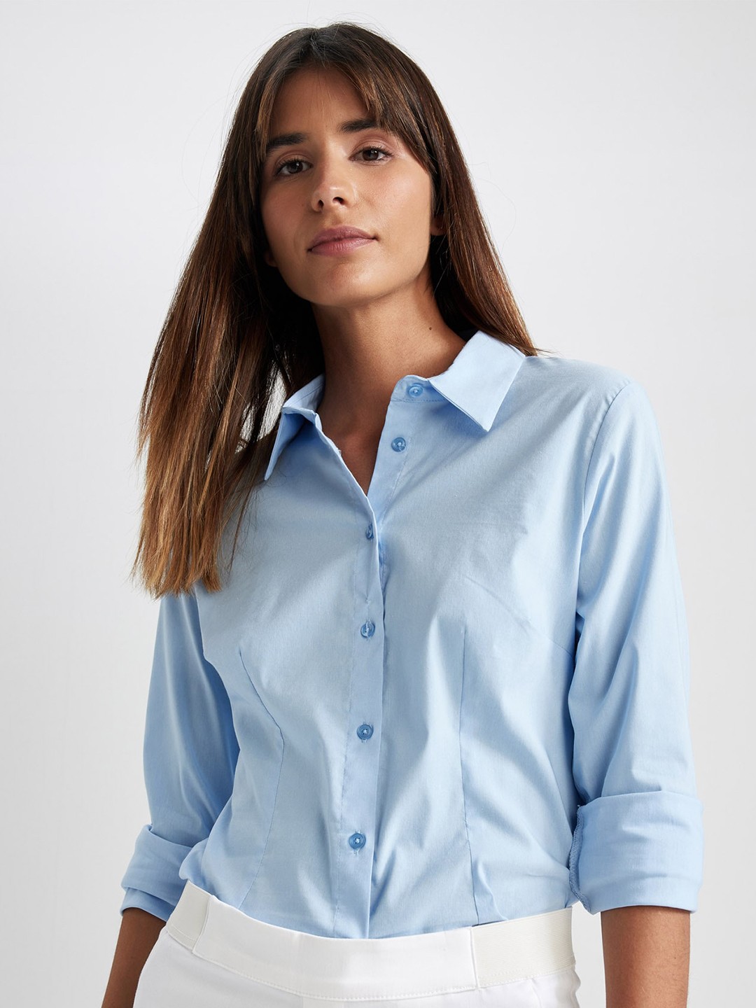 

DeFacto Women Regular Fit Formal Shirt, Blue