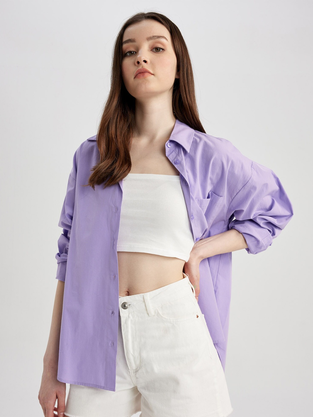 

DeFacto Women Pure Cotton Casual Shirt, Purple