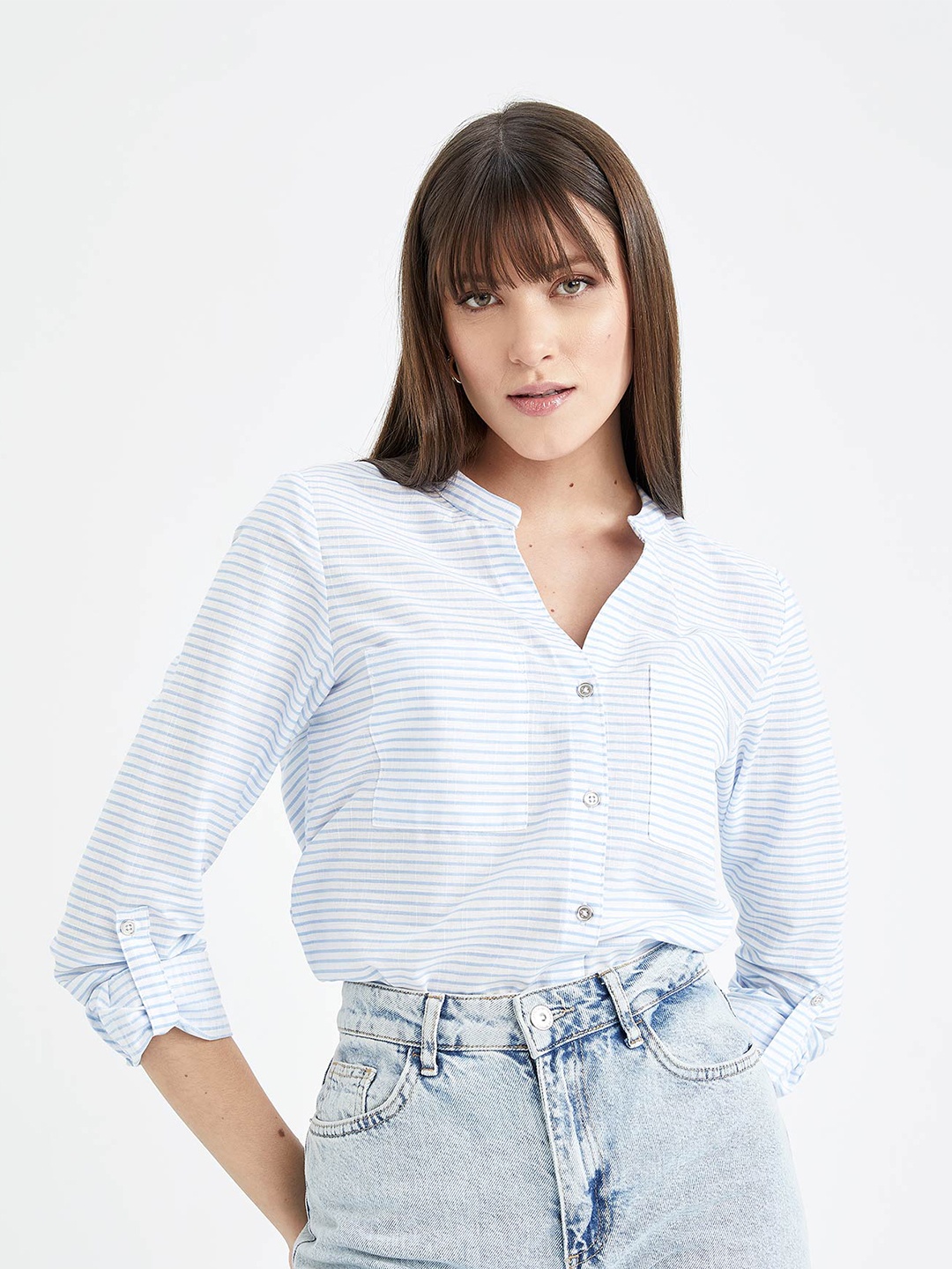 DeFacto Women Striped Pure Cotton Shirt, Blue
