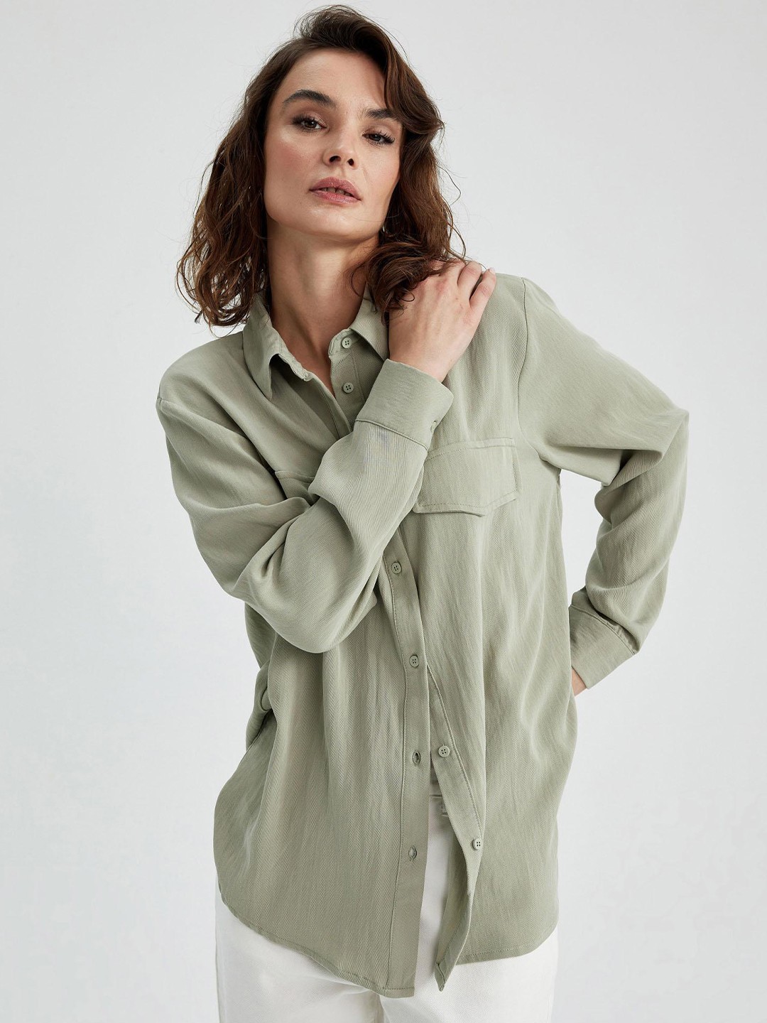 

DeFacto Women Regular Fit Casual Shirt, Olive