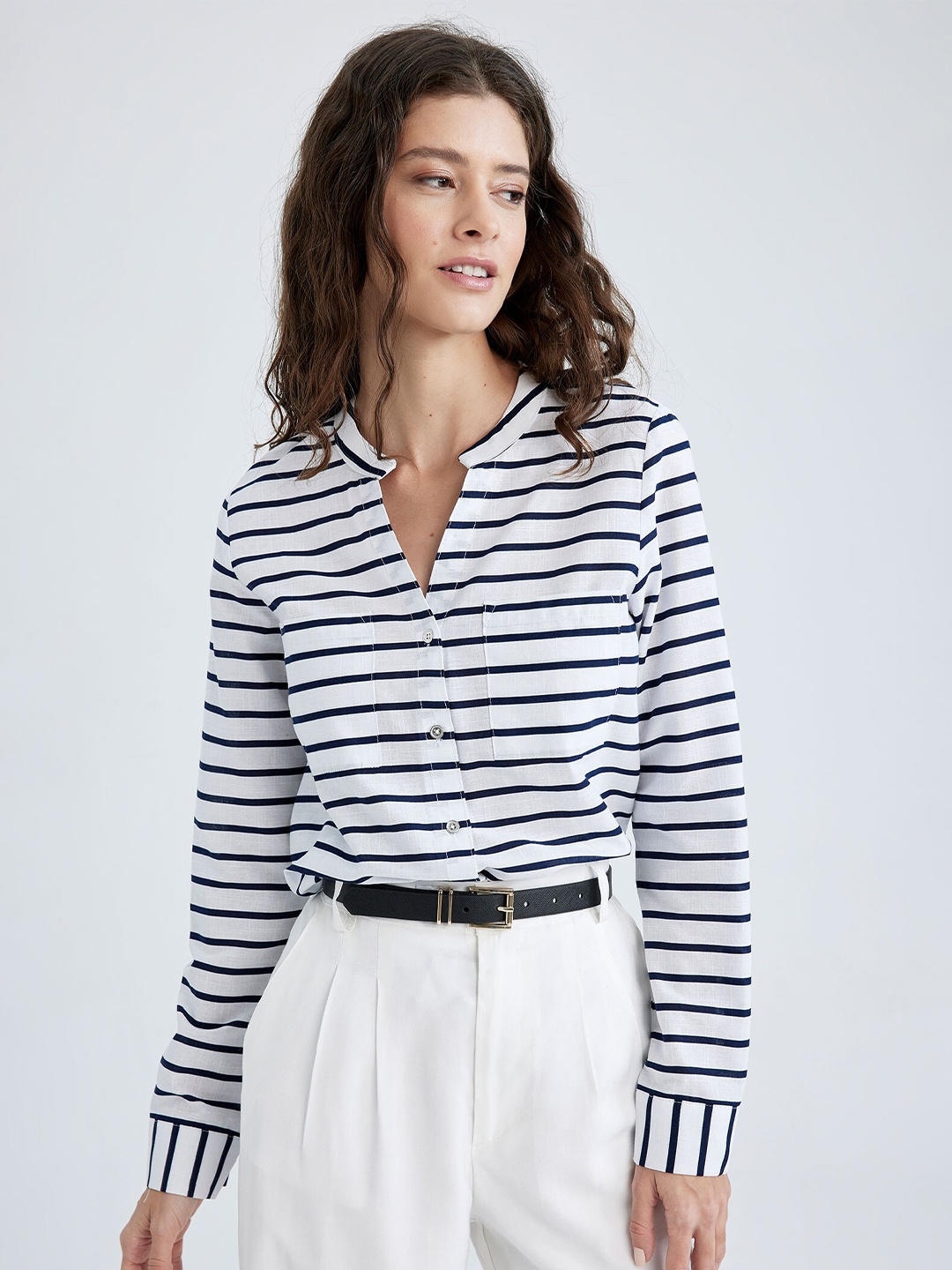 

DeFacto Women Striped Pure Cotton Casual Shirt, White