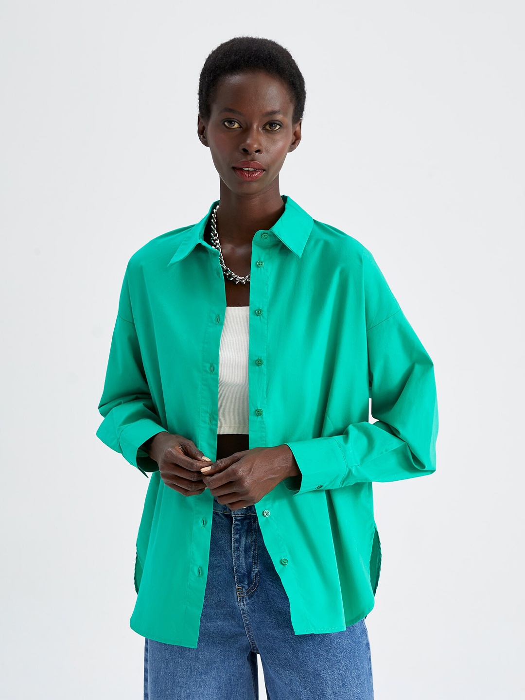 

DeFacto Women Pure Cotton Casual Shirt, Sea green