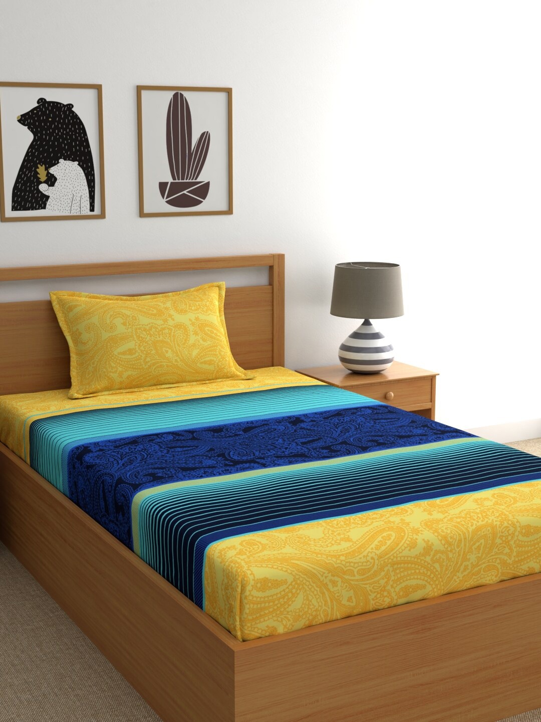 

Home Ecstasy Yellow & Blue Striped 140 TC Pure Cotton Single Bedsheet & Pillow Cover