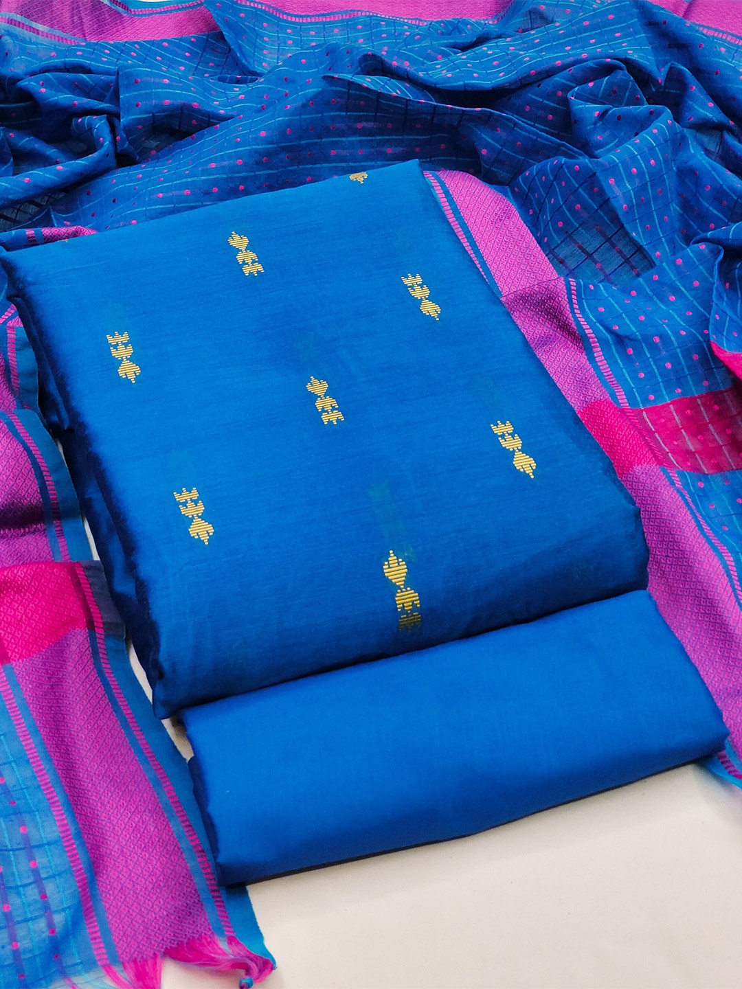 

KALINI Ethnic Motifs Woven Design Semi-Stitched Dress Material With Dupatta, Blue