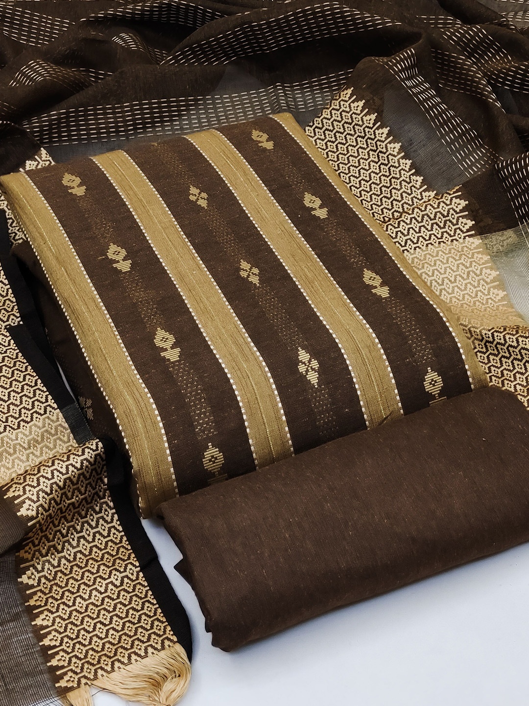 

KALINI Woven Design Semi-Stitched Dress Material, Brown