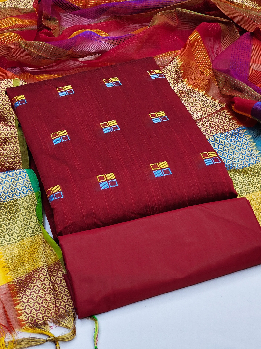 

KALINI Woven Design Semi-Stitched Dress Material, Maroon