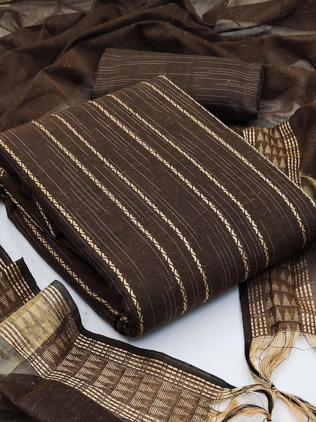 

KALINI Woven Design Semi-Stitched Dress Material, Brown