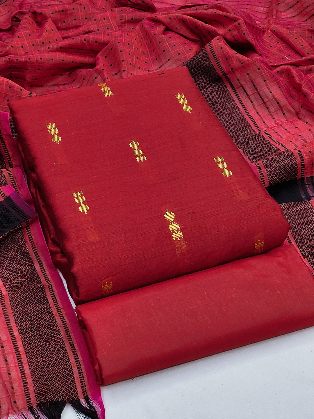 

KALINI Woven Design Semi-Stitched Dress Material, Red