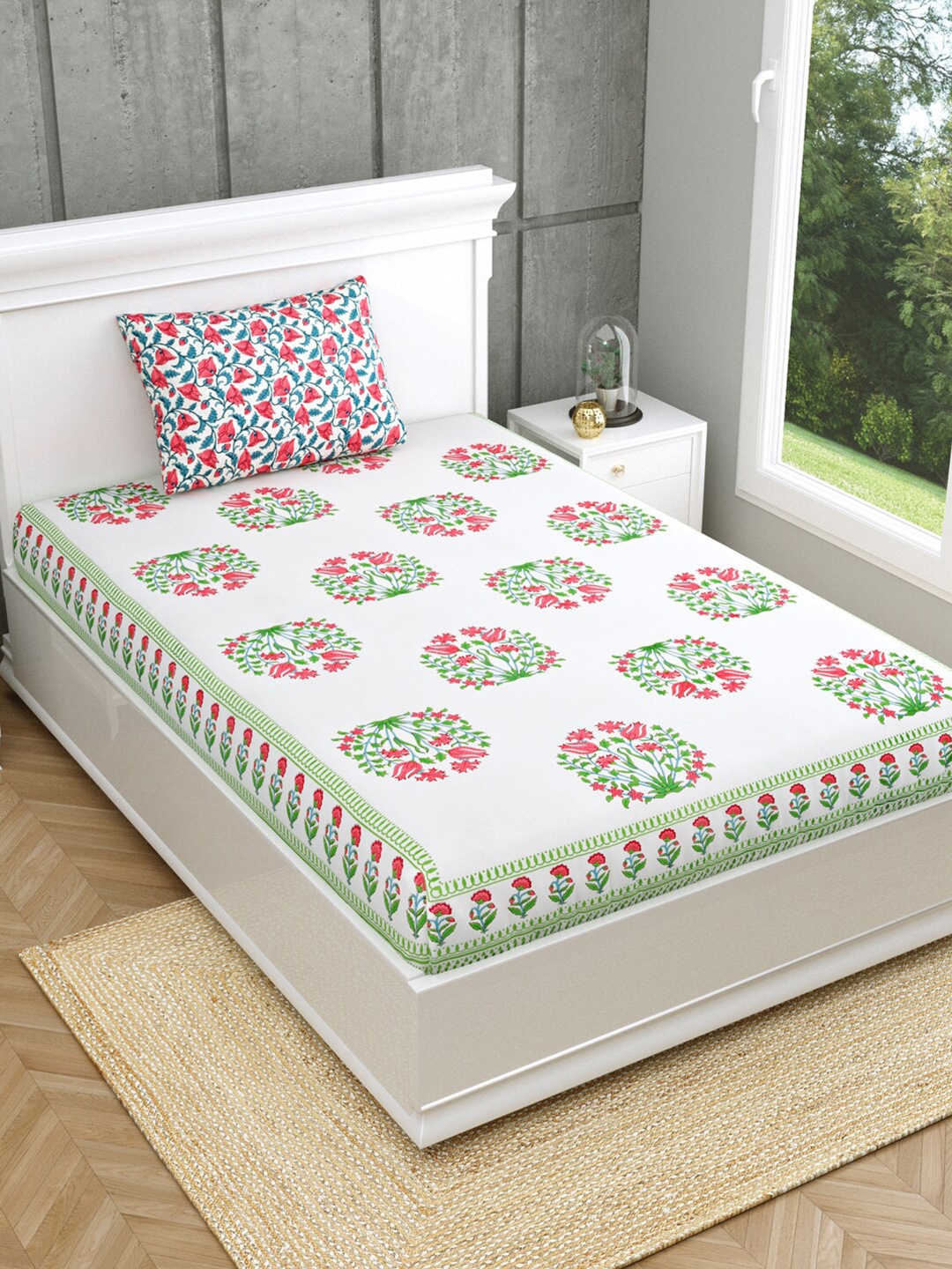 

Salona Bichona Jaipuri White & Pink Floral 120 TC Cotton Single Bedsheet &1 Pillow Cover