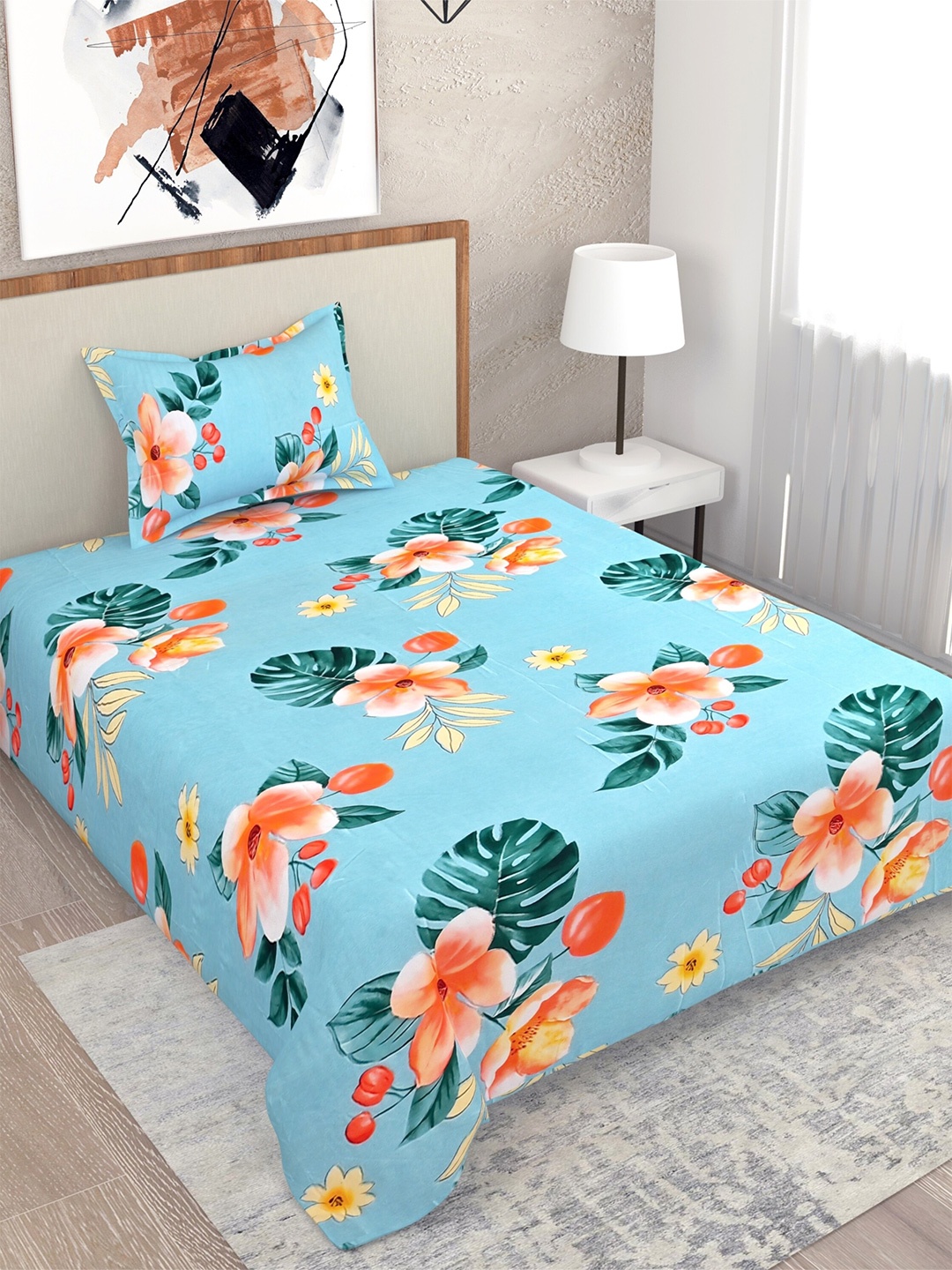 

Salona Bichona Turquoise Blue Floral Cotton 144 TC Single Bedsheet With 1 Pillow Covers