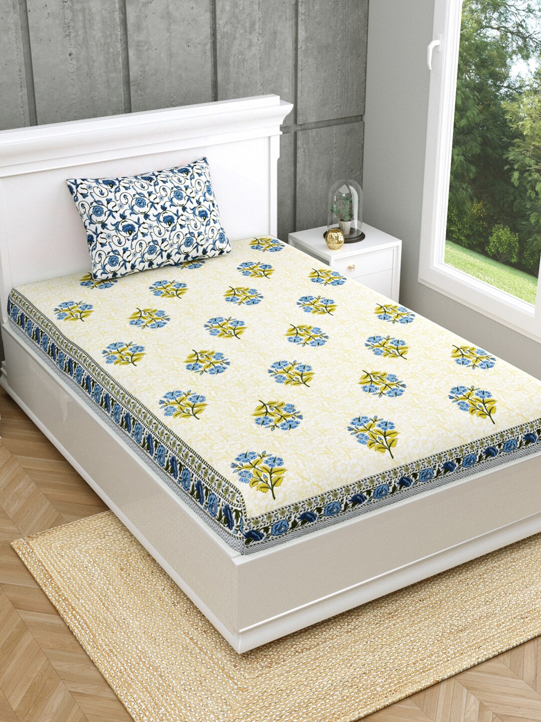 

Salona Bichona Jaipuri Floral Cotton 120 TC Single Bedsheet & 1 Pillow Cover, Yellow