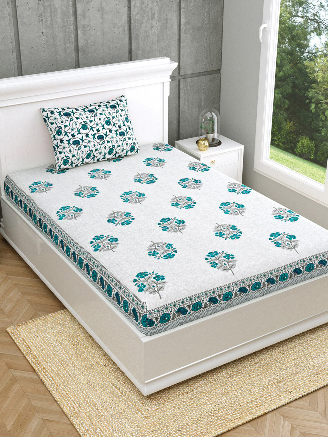 

Salona Bichona Jaipuri White & Blue Floral 120 TC Cotton Single Bedsheet &1 Pillow Cover