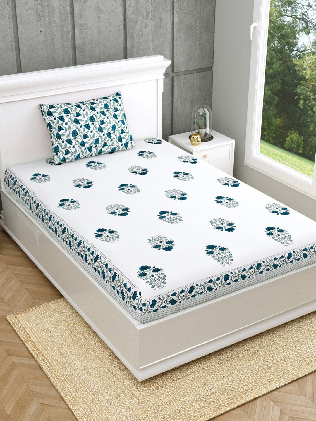 

Salona Bichona Jaipuri White & Sea Green Floral 120 TC Single Bedsheet & Pillow Cover