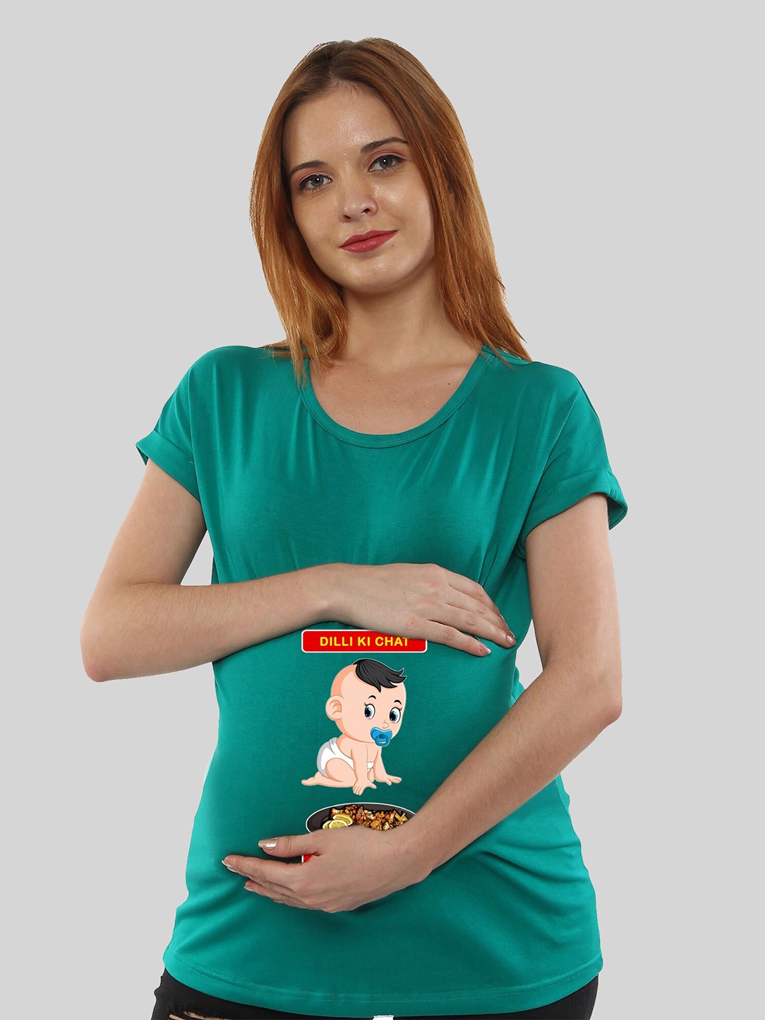 

SillyBoom Graphic Printed Extended Sleeves Cotton Maternity T-shirt, Teal