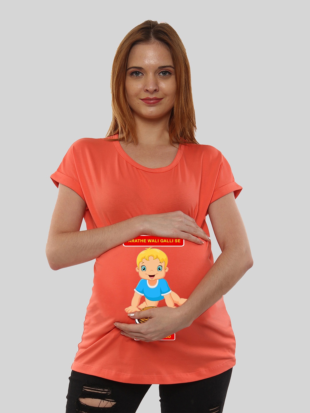 

SillyBoom Graphic Printed Dolman Sleeves Cotton Maternity T-shirt, Orange