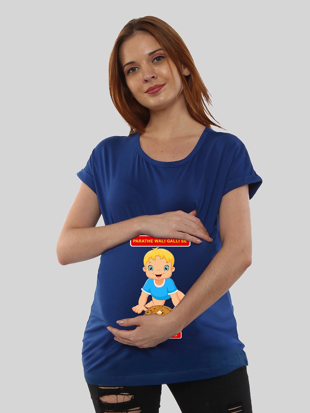 

SillyBoom Graphic Printed Dolman Sleeves Cotton Maternity T-shirt, Blue