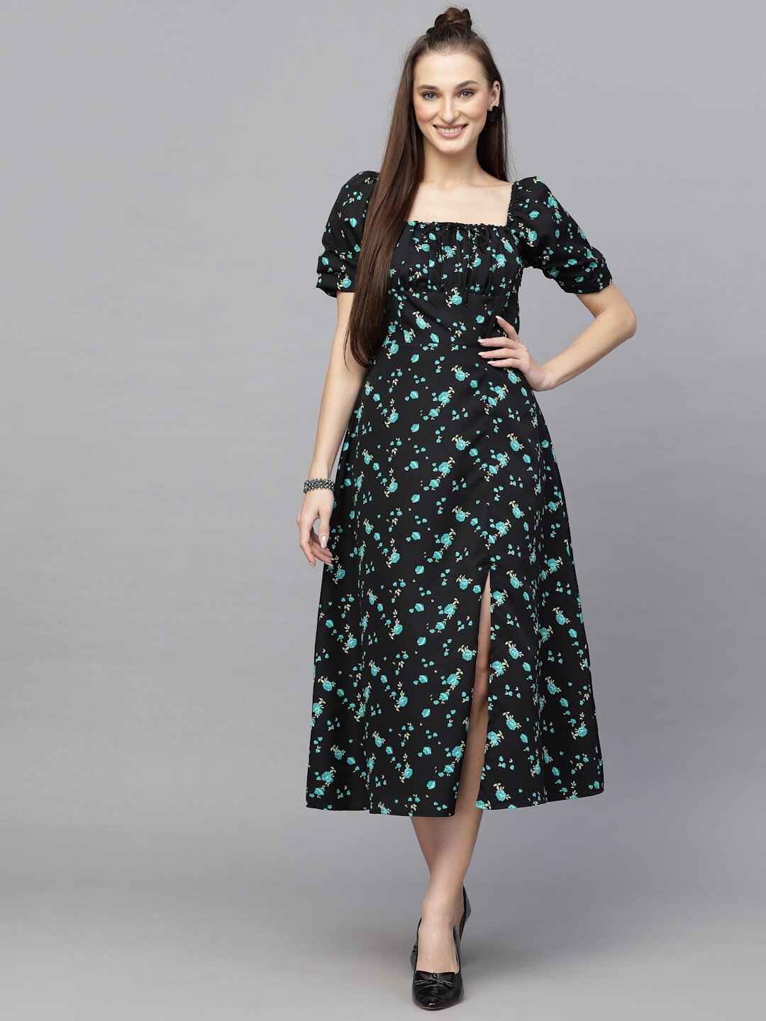 

aayu Floral Printed Square Neck Puff Sleeves A-Line Midi Dress, Black