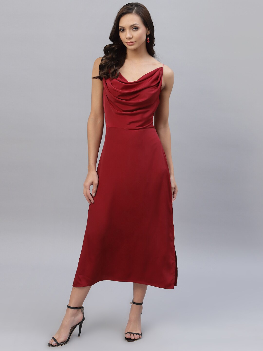 

aayu Cowl Neck Satin A-Line Midi Dress, Maroon