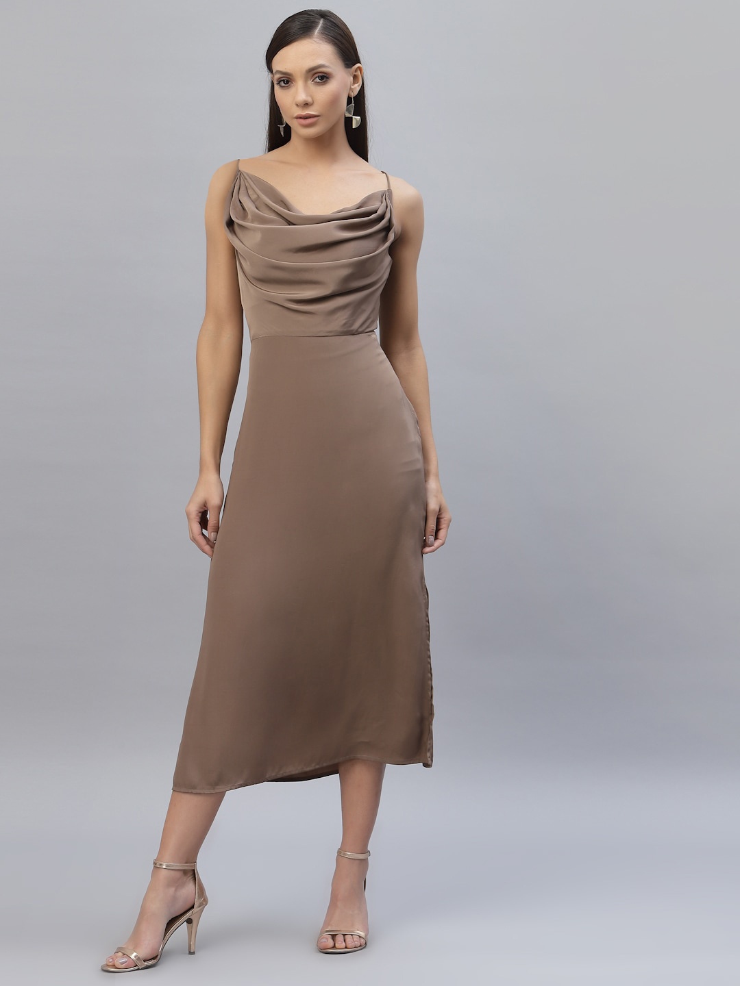 

aayu Cowl Neck Satin A-Line Midi Dress, Brown