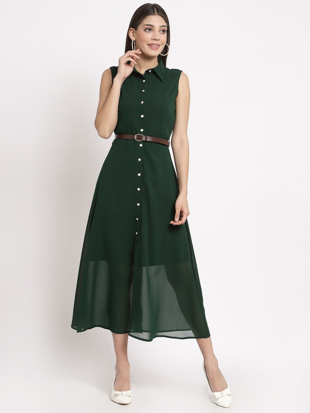 

aayu Shirt Collar Sleeveless A-Line Maxi Dress, Green