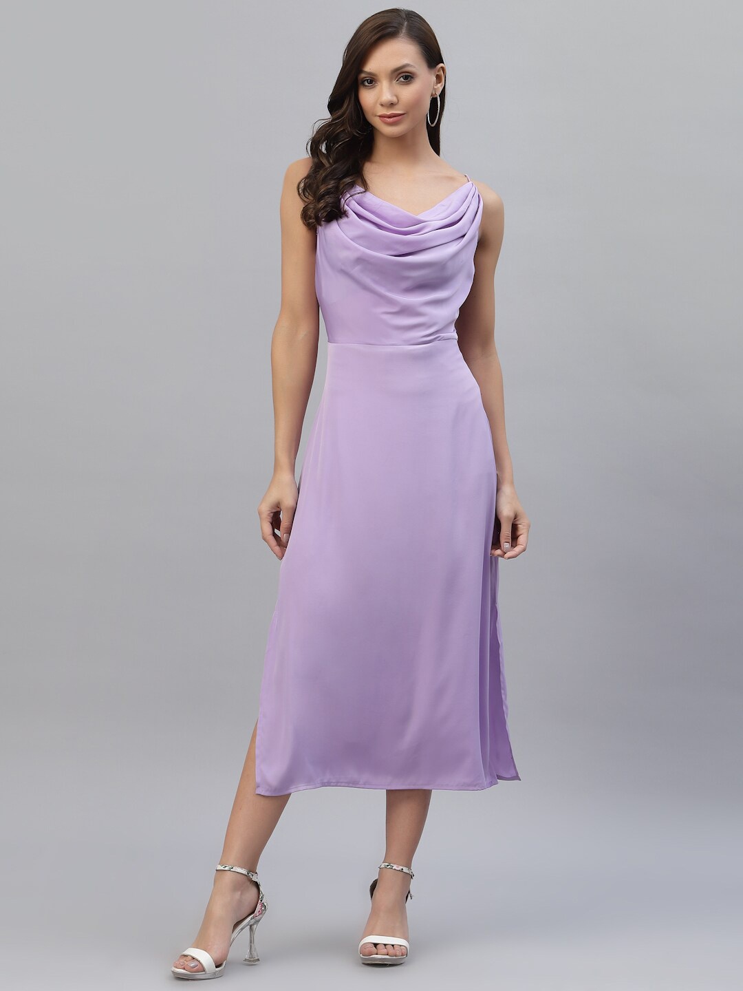 

aayu Cowl Neck Satin A-Line Midi Dress, Purple