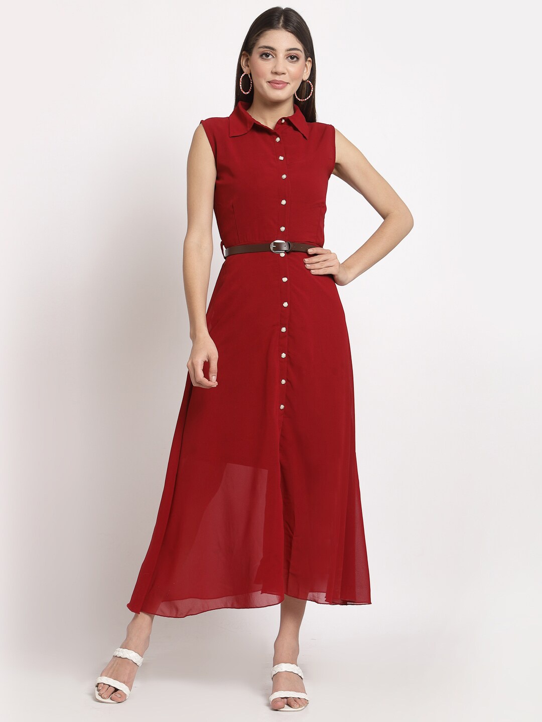 

aayu Shirt Collar Crepe A-Line Maxi Dress, Maroon