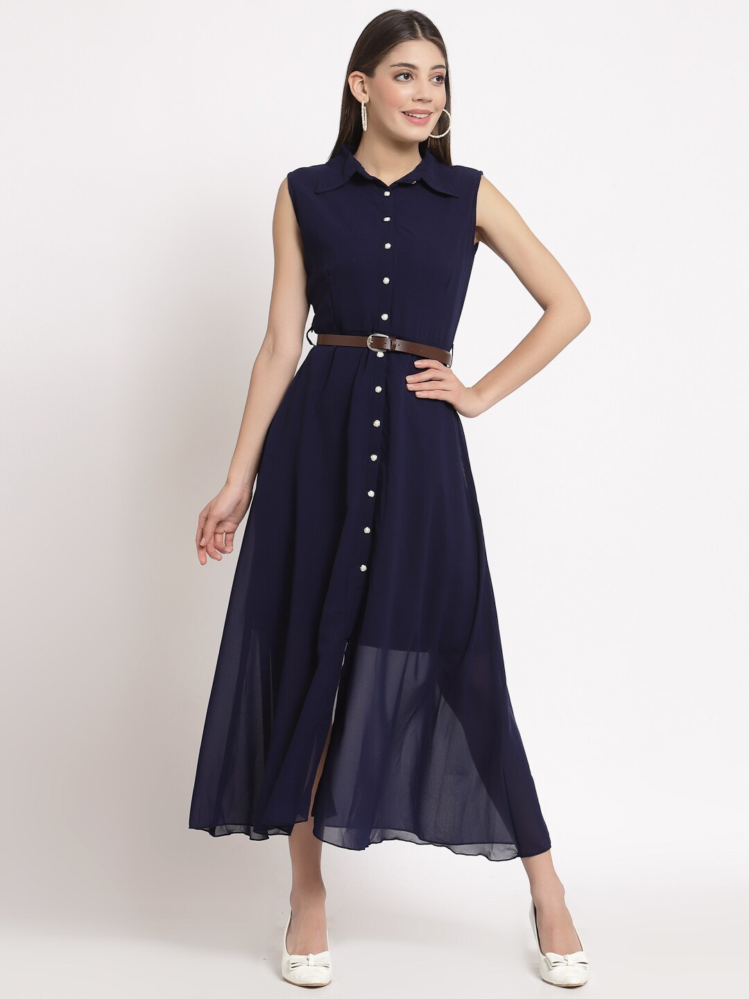 

aayu Sleeveless Belted Shirt Maxi Dress, Blue