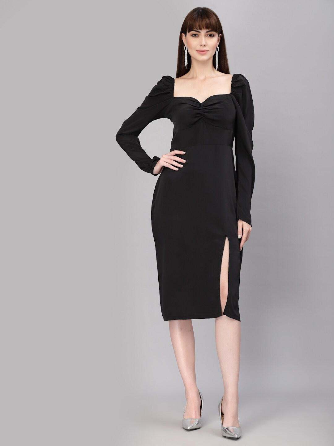 

aayu Sweetheart Neck Puff Sleeves Satin Sheath Midi Dress, Black