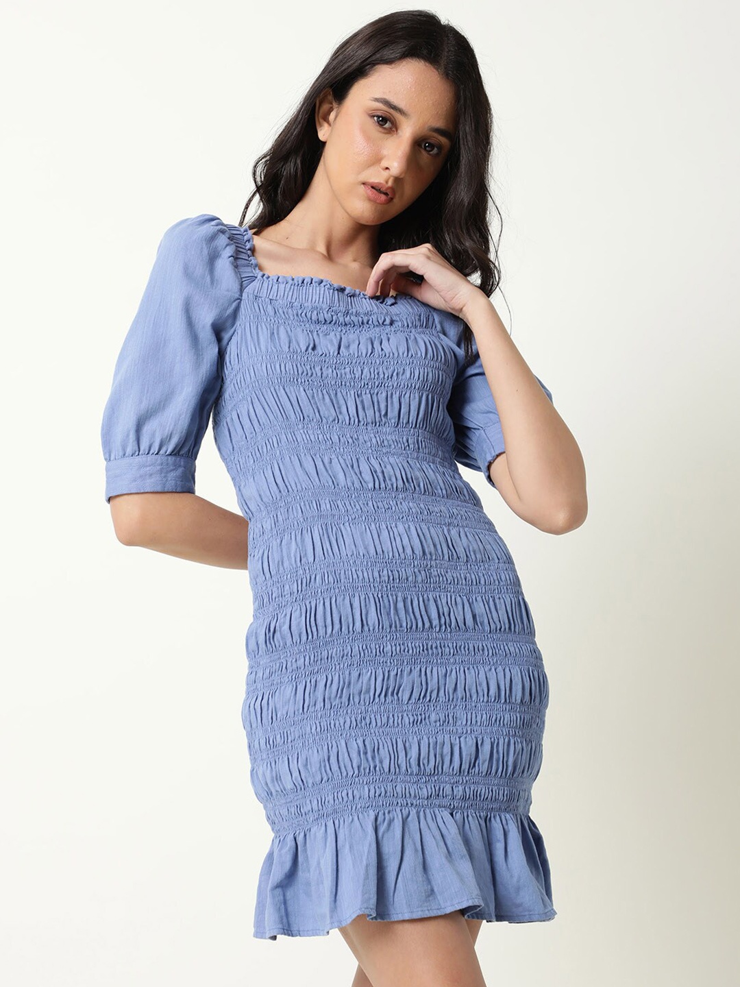 

RAREISM Self Design Smocked Bodycon Mini Dress, Blue