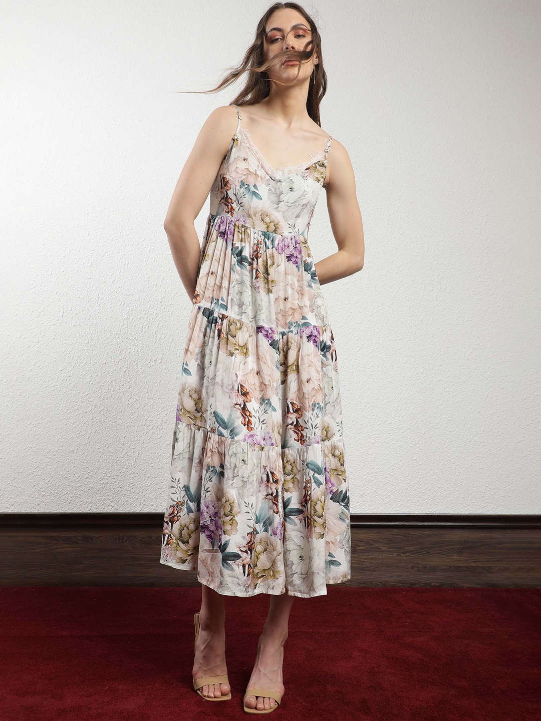 

RAREISM Floral Printed Tiered Fit & Flare Midi Dress, Off white