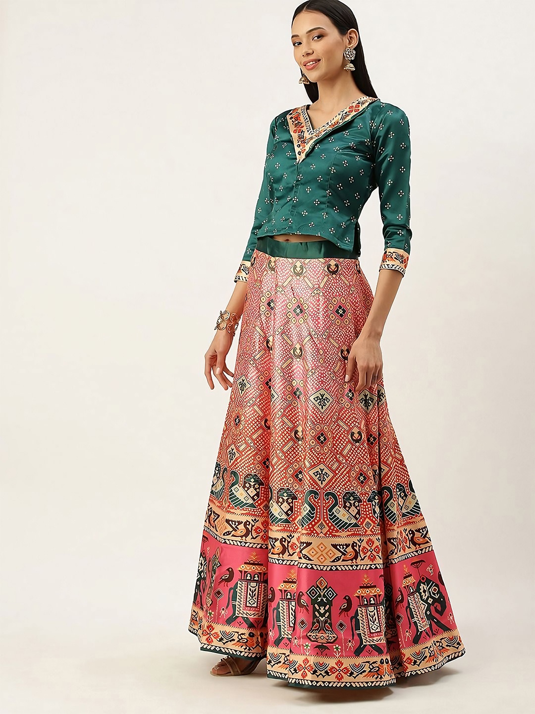 

Kaizen TEXO FAB Bandhani Printed Semi-Stitched Lehenga Choli, Teal