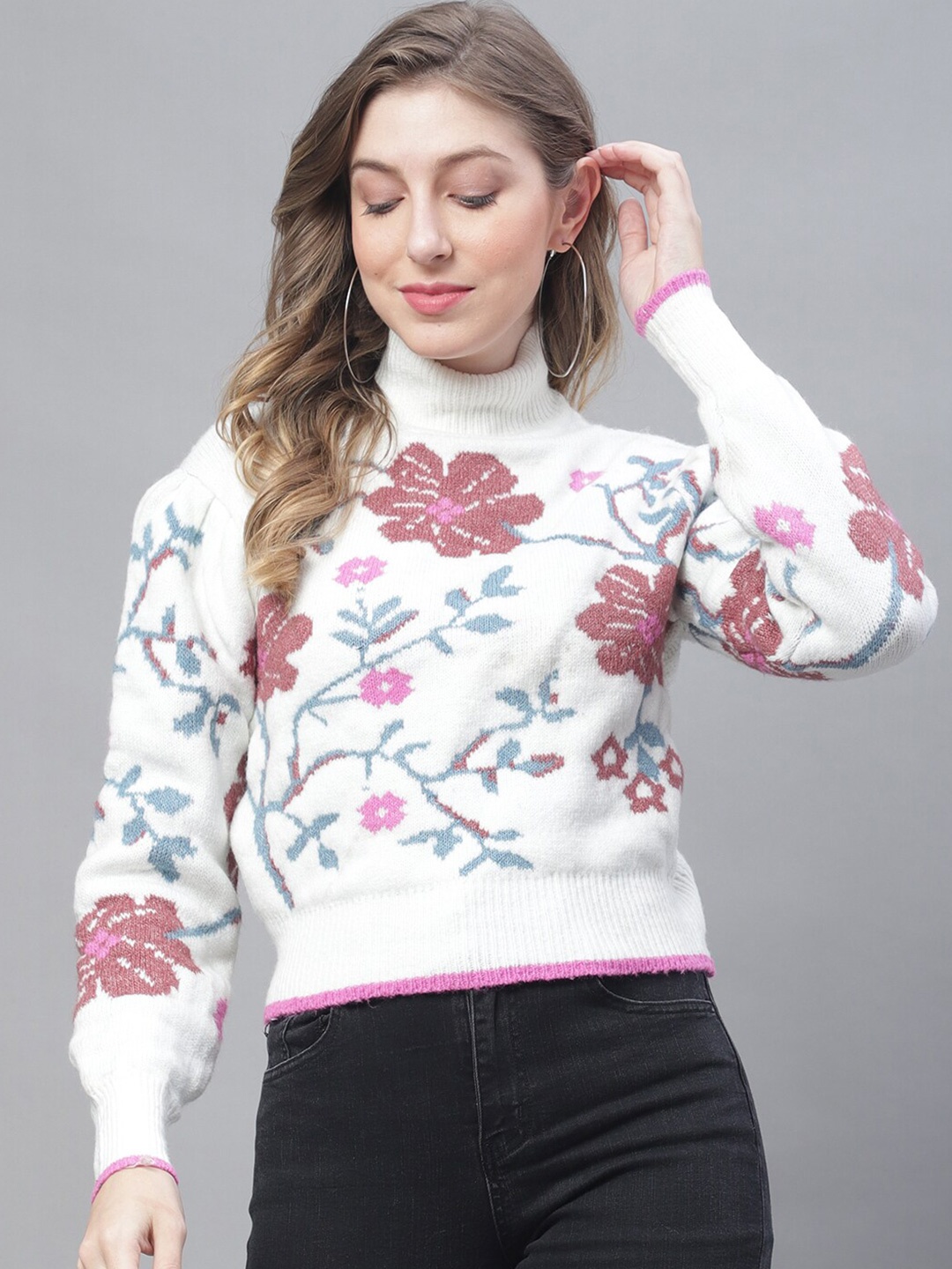 

NoBarr Women Turtle Neck Floral Printed Pullover, White