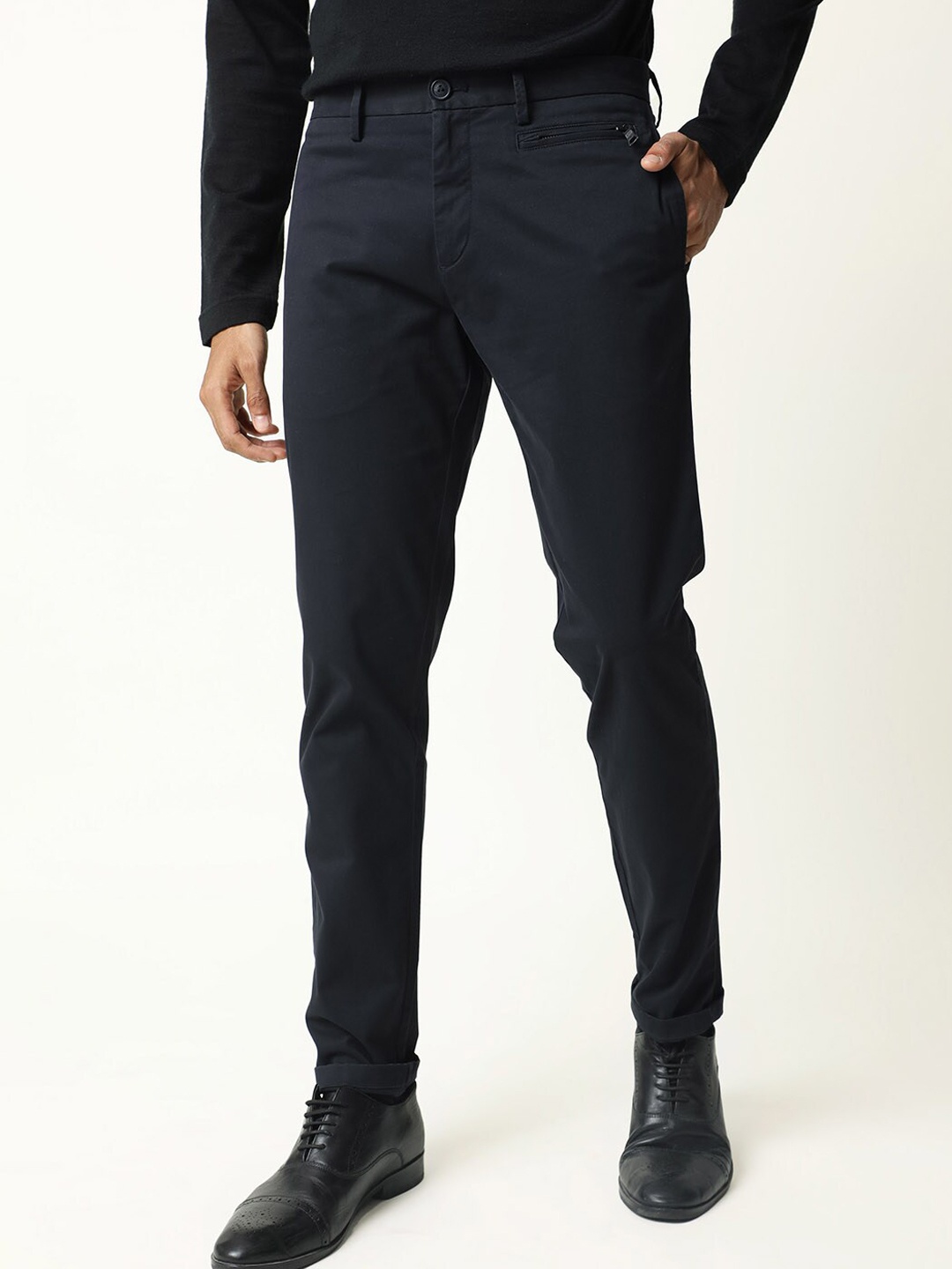 

RARE RABBIT Men Elvis Mid-Rise Cotton Slim Fit Formal Trouser, Navy blue