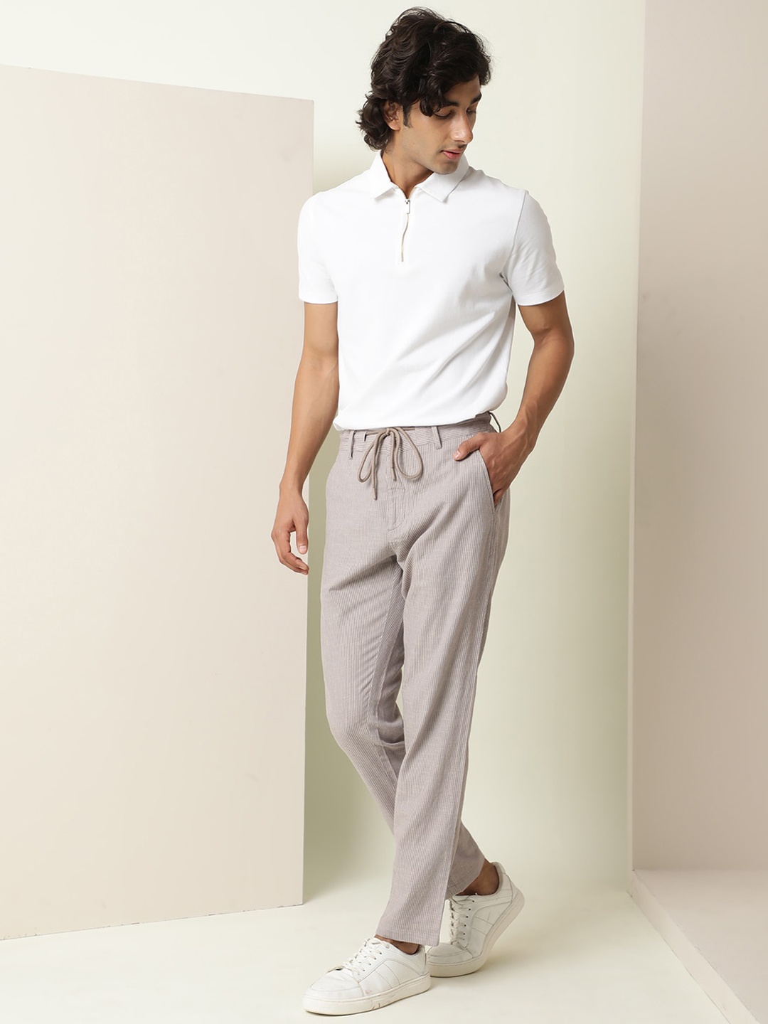 

RARE RABBIT Men Striped Mid Rise Slim Fit Cotton Trousers, Purple