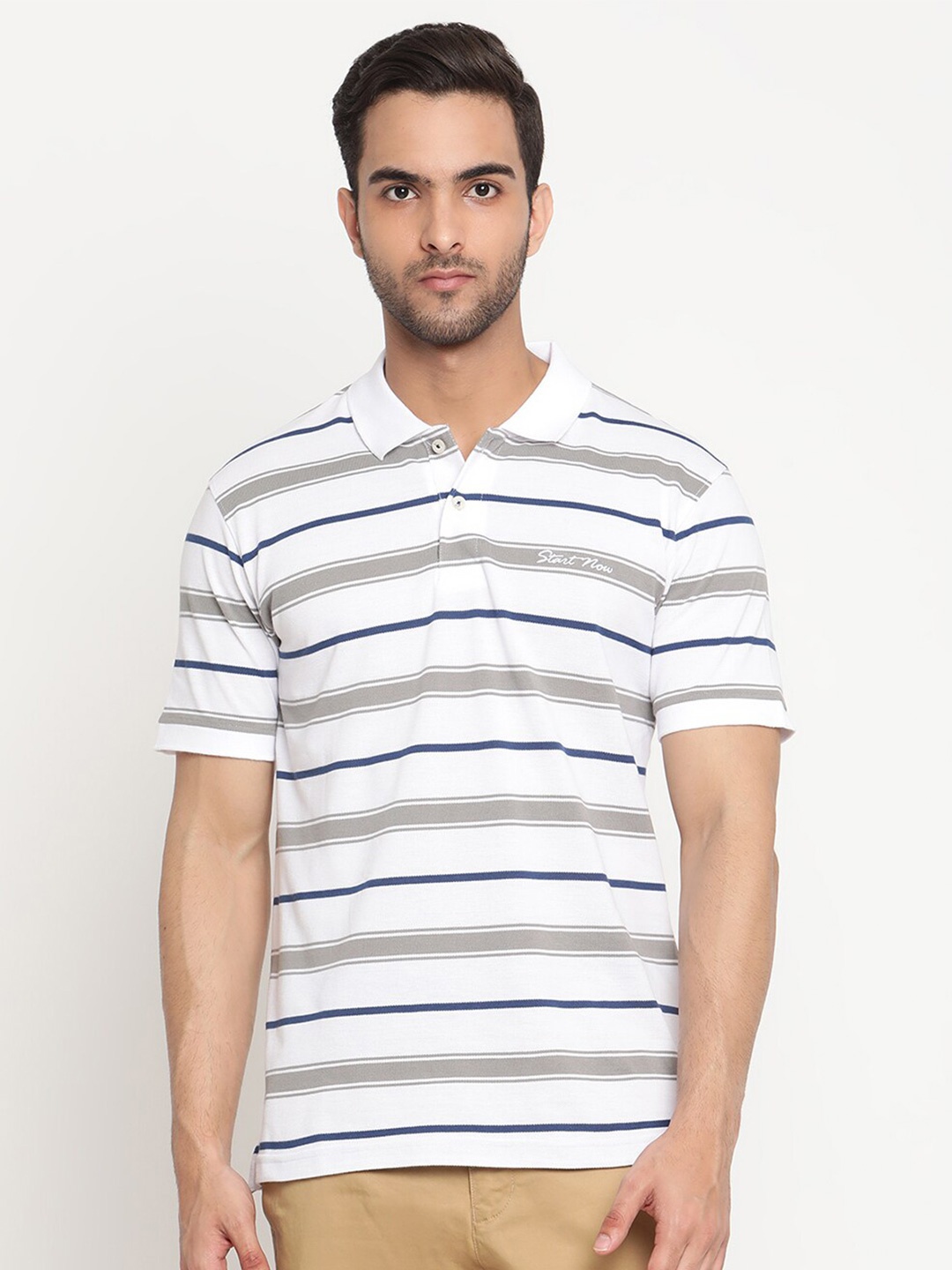 

Cantabil Striped Polo Collar Casual Cotton T-shirt, White