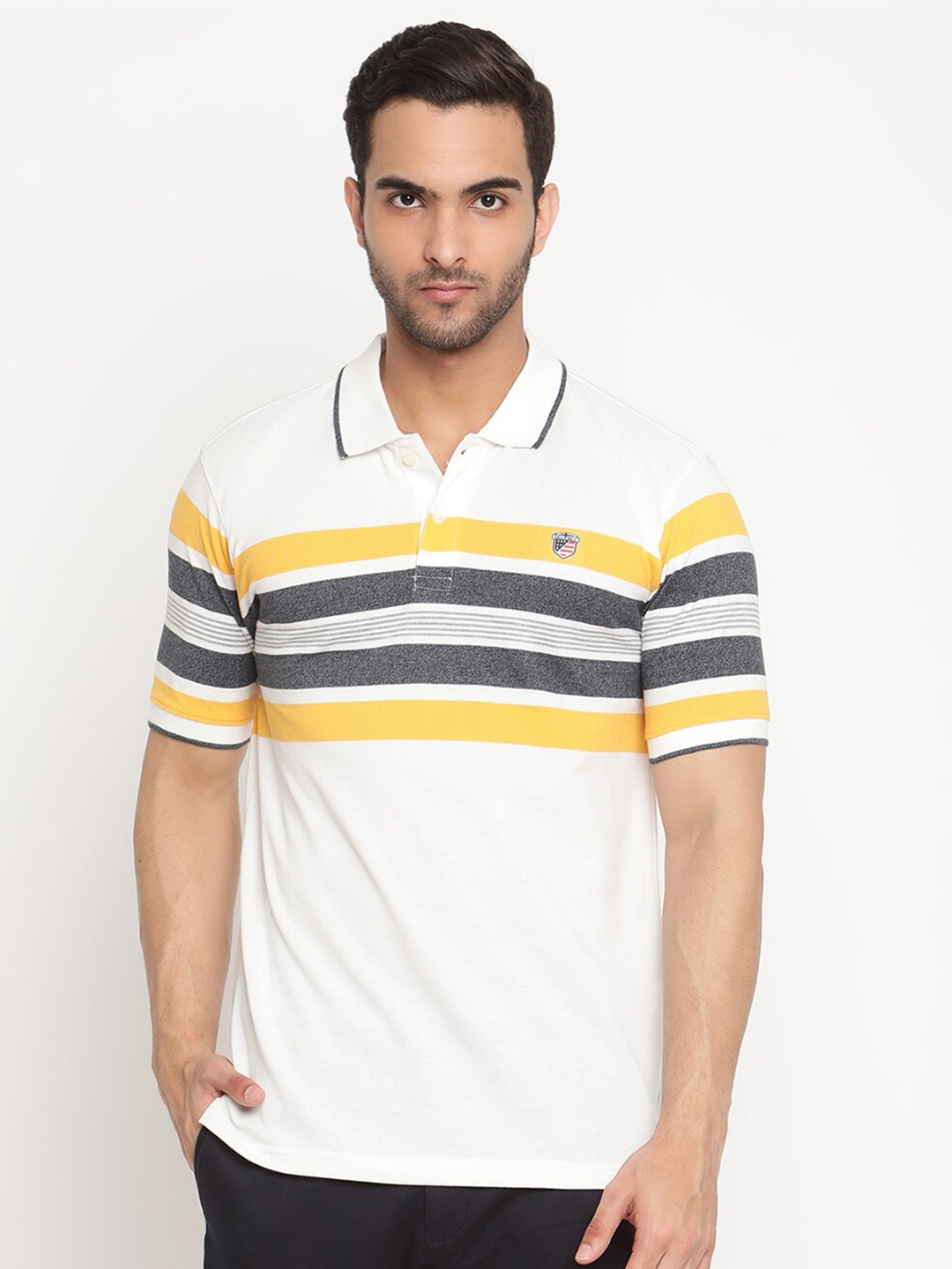 

Cantabil Striped Polo Collar Cotton T-shirt, White